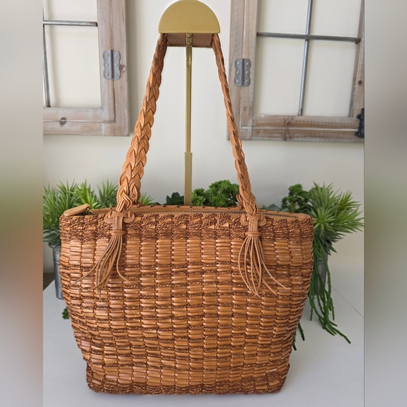 Monsac Original Y2K Era Woven Leather Tote/Braided Handle/Boho Chic/Tan Leather - Picture 7 of 16